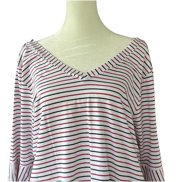 J Jill 3/4 Sleeve Patriotic Top Women's L Petite‎ White Red Blue Stripe V-Neck - Picture 2 of 6